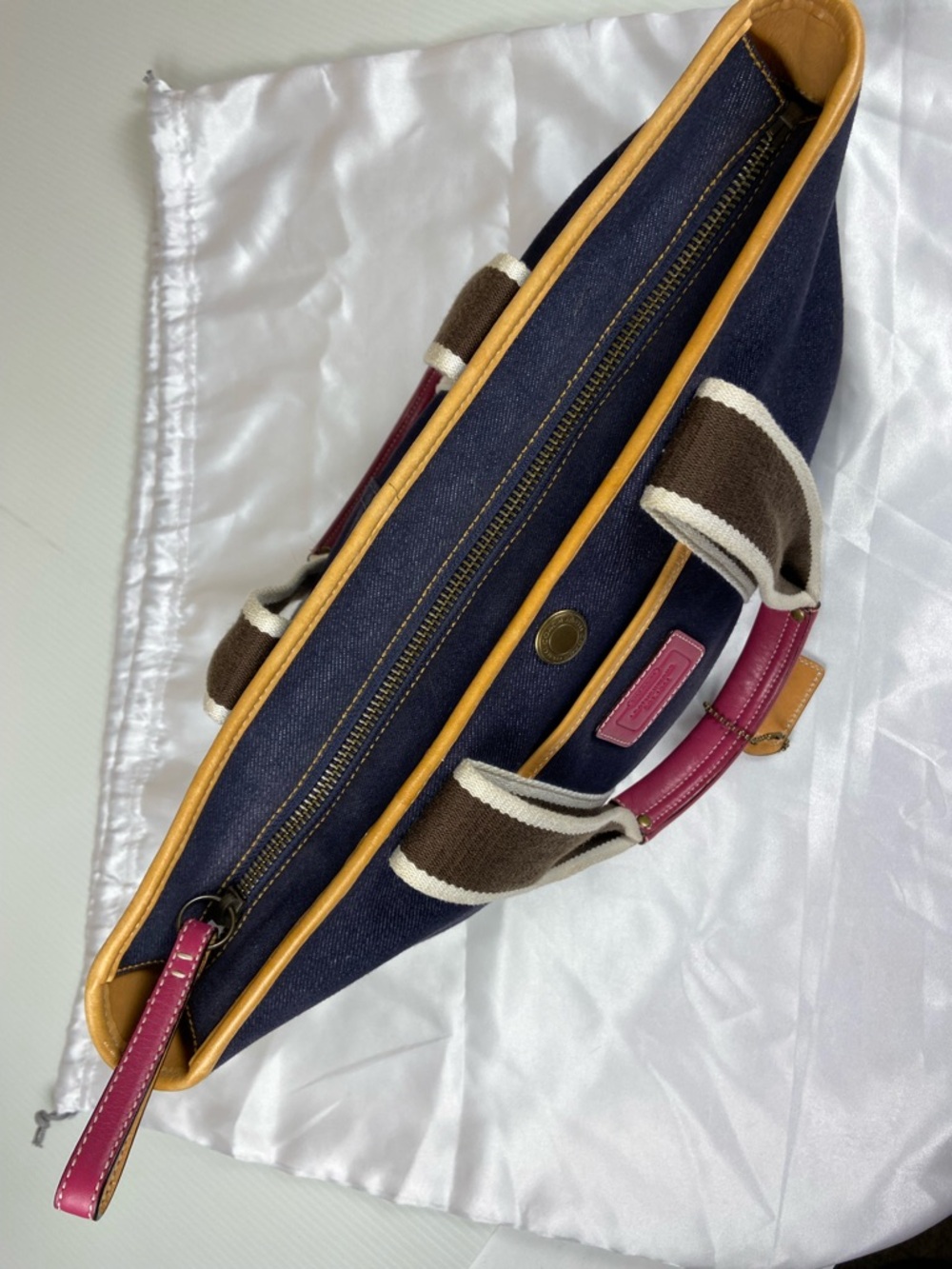 Coach Denim Tote Bag Pink Leather Trim Stripe Canvas Small Carryall Zip Top Y2K - Picture 13 of 15